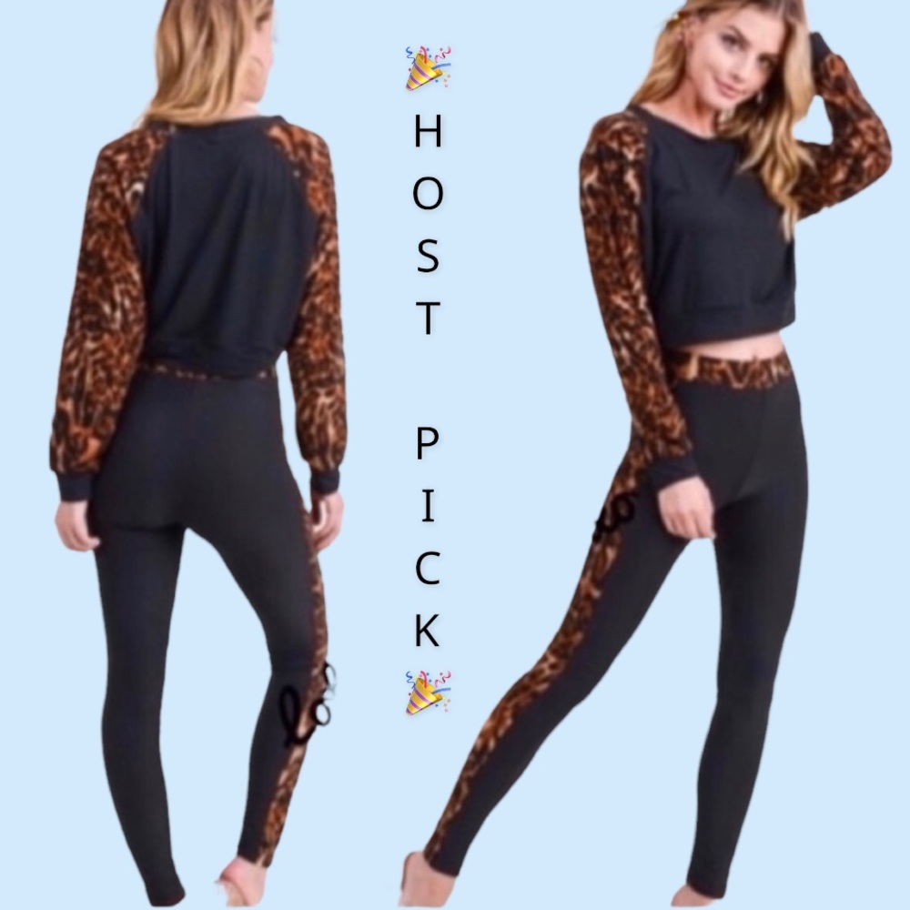 Black Leopard Print 2 Piece Long Sleeve High Rise Legging Outfit Set - Picture 1 of 12